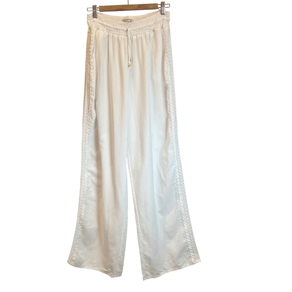 Seaspice Resort‎ Wear White 100% Peruvian Cotton Crochet Trim Wide Leg Pants XL
